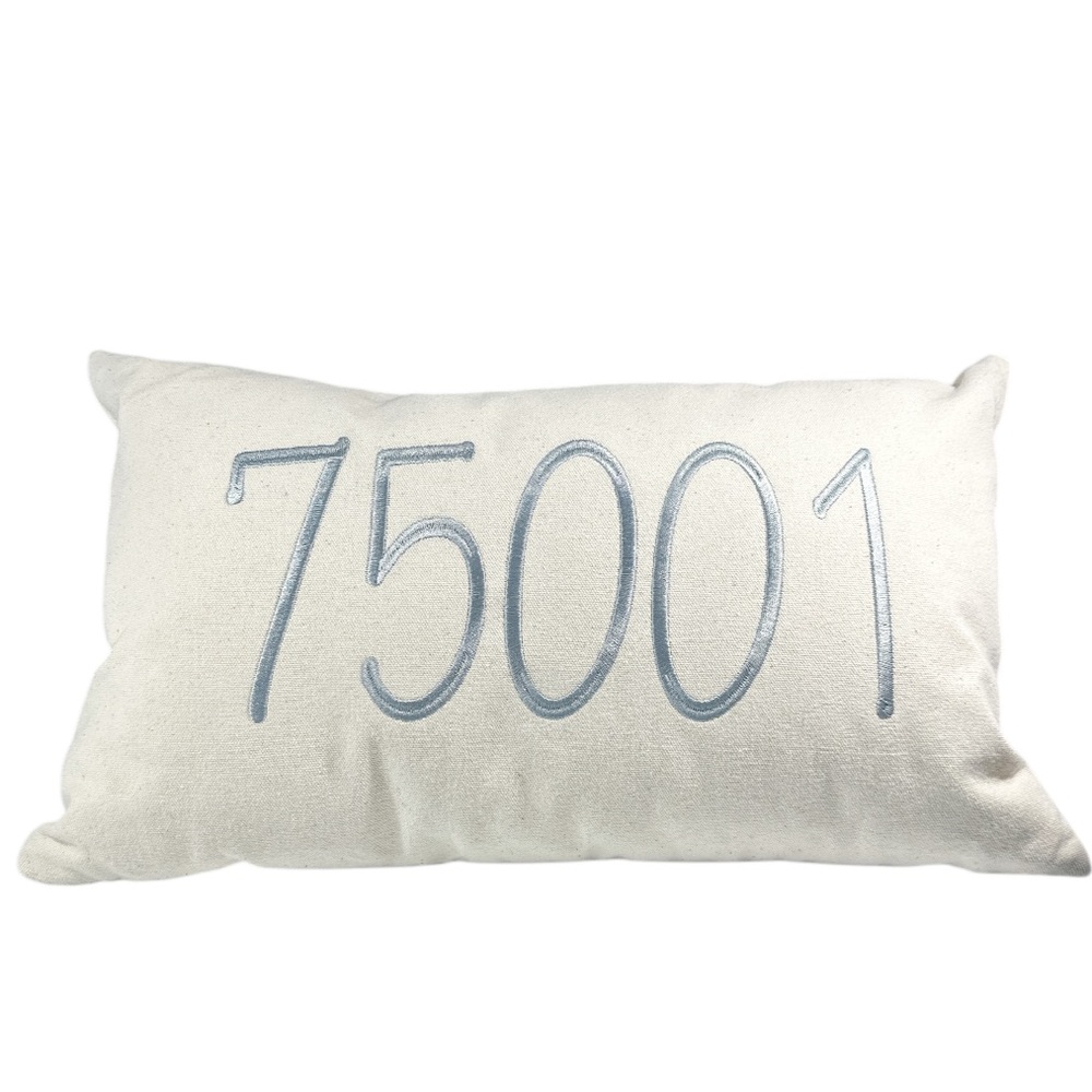 NEW Zip Code 75001 (Addison, Texas) Cream Pillow with Gray Embroidery